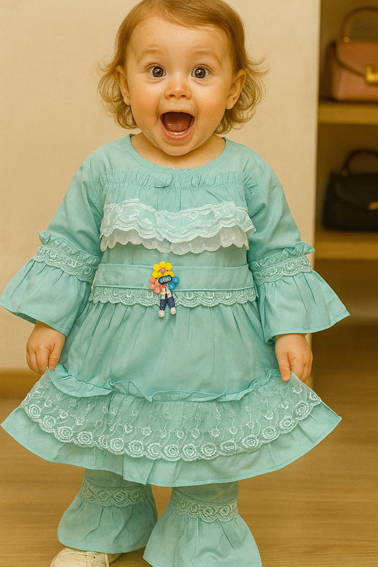 Aqua Lace Ruffle Frock Suit – 2-Piece Set for Girls
