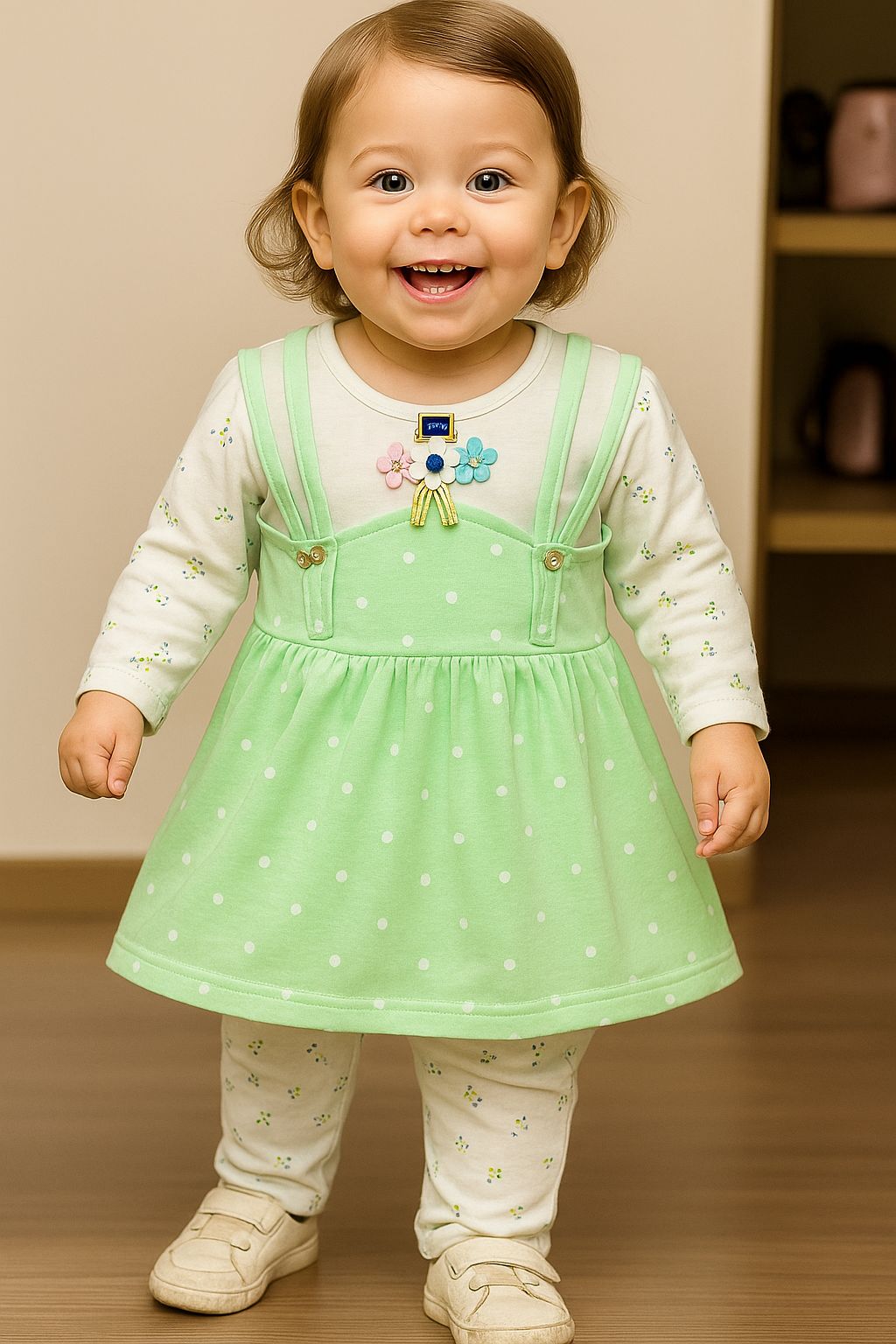 Peach Polka Dot Frock with Floral Printed