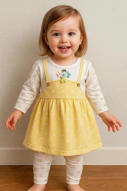 Peach Polka Dot Frock with Floral Printed
