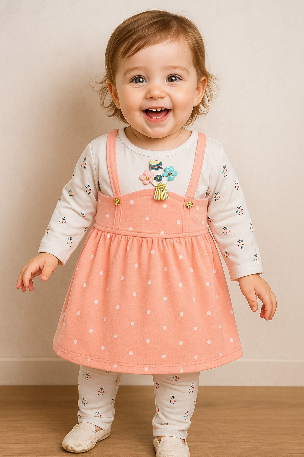Peach Polka Dot Frock with Floral Printed