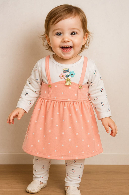Peach Polka Dot Frock with Floral Printed